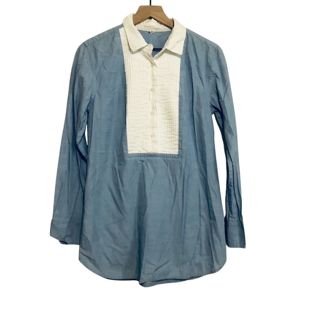 J. Crew Cotton Blue White Tuxedo Collar Button Up Long Sleeve Tunic Top Small